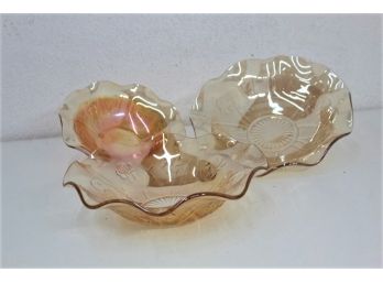 Trio Of Varied Thistle Pink Wavy Depression Glass Bowls