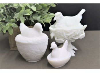 Three White Milk Glass Nesting Bird Covered Bowls - Candy Dish, Salt/Sugar Cellar Etc.