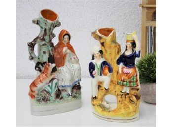 Staffordshire Style Flatback Figural Vases - Little Red Riding Hood And Farming Couple