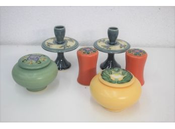 One Acre Ceramics Lot -  2 Covered Jars Peacock And Wild Flower Patterns, Candlestick, Orange Salt/Pepper Set