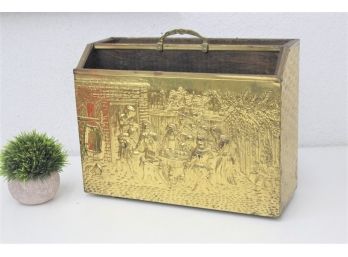 Vintage Brass Repousse And Wood Magazine Paper Rack  - The Tavern Scene Embossed Front