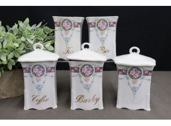 Vintage German Porcelain Kitchen Canister Set - Flower Band And Garland Decoration, Set Of 5