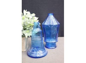 Vintage Wheaton NJ Cobalt Blue Glass:  8 Sided Lamplight Bottle And Liberty Bell Bottle