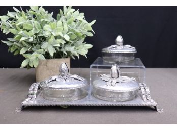 3 Rodney-Kent Silver Co. Hand Hammered Aluminum Covered 'Tulip' Bowls And Caddy
