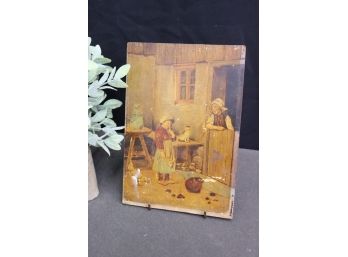 Antique Country Farmhouse Kitchen Scene On Wood Board