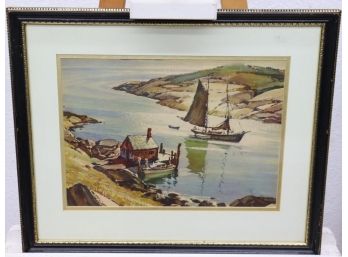 Vintage Ted Kautzky Reproduction Print -  River Harbor With Fishing Shanty And Boats