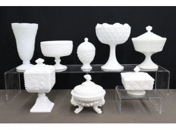 Magnificent Milk Glass Collection Of 8 Vases, Lidded Pedestal Dishes, Compotes - Including Fenton, Westmorland