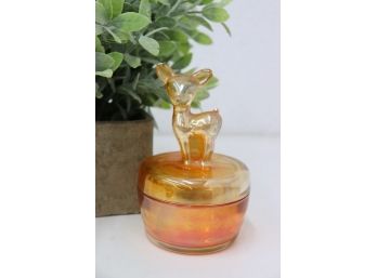 Deer Fawn Figurine Jeanette Marigold Carnival Glass Powder Jar/Candy Dish