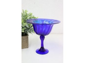 Hand Blown Iridescent Cobalt Blue Glass Footed Centerpiece Bowl, Signed & Dated