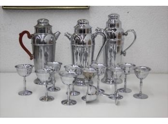 Vintage Art Deco Style Barware: Three Chrome Cocktail Shakers And 11 Chrome Stemmed Goblets