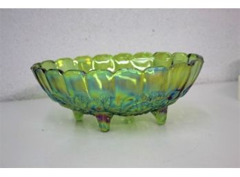 Vintage Harvest Green Iridescent Indiana Carnival Glass Footed Bowl In Berry/Holly Pattern