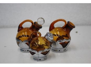 Vintage Farber Bros NY Deco Condiment Partial Set -Chrome And Amber Glass