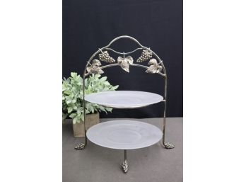 Two White Glass Plates In 2 Tier Holder/Buffet Stand - Grape Bunch And Vine Leaf Decoration