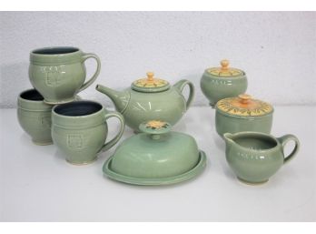 One Tree Ceramics Celadon Glaze Group - Jewel Teapot And Creamer/Sugar, Trellis Butter Dish, Mugs