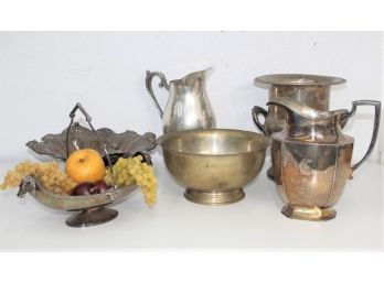 Group Lot Of Mixed Metalware And Silverplate Pitchers, Bowls, Champagne Urn Bucket
