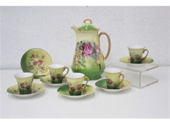 Vintage Victoria Austria Climbing Roses Green/Yellow Teapot With 5 Teacups
