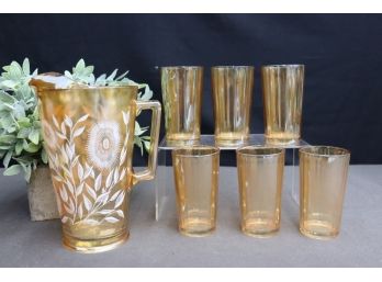 Vintage Pitcher And Glassware Set: Fluted Amber Glasses With Flower Frosted Pitcher