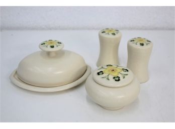 One Acre Ceramics Ivory Glaze And Wild Flower Pattern Salt & Pepper Set, Covered Jar, And Butter Plate