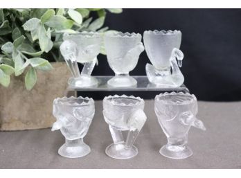 Vintage Glass Menagerie Set Of 6 Egg Cups,  2 Storks, 1 Chicken, 2 Geese, 1 Swan