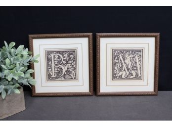 Two Signed And Framed Cherub German Alphabet Artistic Monograms - Letters B And M -