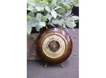 Ship's Wheel Wood And Brass Tel-Tru Weather Compensated Barometer