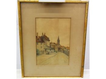 Framed Watercolor Of Old World Village Streetscape, Signed F.P.W. 1900