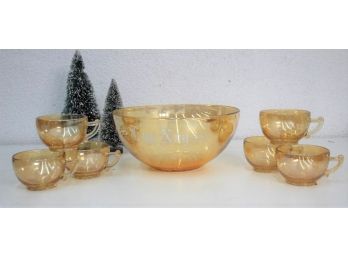 1950s Marigold Carnival Glass 'Egg Nog' Punch Bowl And Six Cups - Jeanette Glass