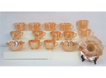 Group Assembly Of High Sheen Peach Iridescent  Carnival Glass Cups, Mugs, And Bowls (partial Sets)