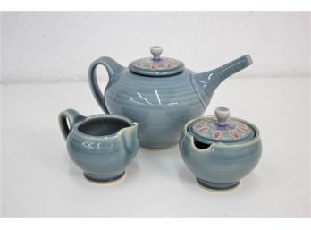 One Acre Ceramics Jewel Pattern Teapot In Blue With Matching Sugar Bowl And Creamer