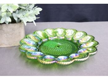 Indiana Glass Hobnail Carnival Iridescent Green Serving Plate - Deviled Eggs Anyone?