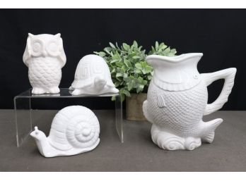 All White, Too Cute Ceramic Figurine & Pitcher Lot - Turtle, Snail, Owl, & Fish