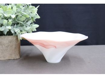 White/Pink Marble Swirl Opalescent Art Glass Frustrum Bowl