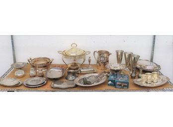 Shelf Lot Of Silver Plated  Tabletop And Serveware