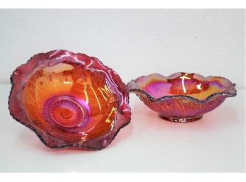 Pair Of Iridescent Star And Diamond Bead Pattern Sunset Ruby Carnival Glass Bowls