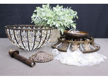 Two MCM Style Metal And Brass-tone And Glass Beads/crystals Ceiling Flush Mount Lamps (1 NEW IN BOX)