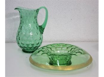 Vintage Emerald Green Depression Glass Thumbprint Pitcher And Overlay Broad Bowl