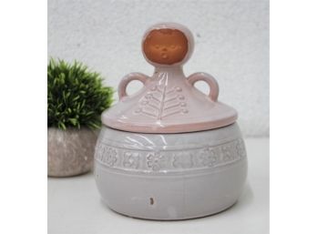 Vintage Scandinavian Style Ceramic Glazed Lidded Jar With Head/Face Finial