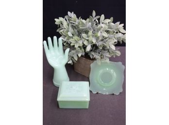Vintage Jadeite Glass Trio:  Hollow Hand Figurine, Rose Medallion Trinket Box, Scallop Edged Candy Dish