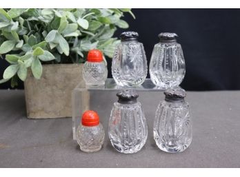 Vintage Salt/pepper Shaker Group:  Red Bakelite Top Cut Glass Set And 2 Oval Cut Glass Silver Plate Top Sets