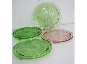 Vintage Depression Glass: Green And Pink Footed Plates And Cameo Ballerina Green Divided Plate