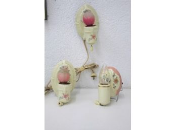 Three Antique Porcelier Sconces With Frosted Rose Glass Shades