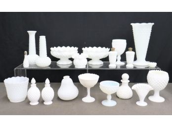 Generous Collection Of Hobnail Milk Glass Vessels, Vases, And Objects