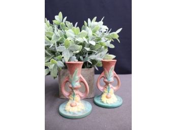 Charming Pair Of Roseville Pottery Peony Candleholders - Roseville USA  No.1152   4 1/2