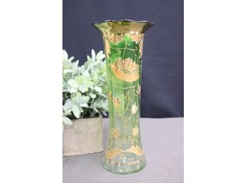 Vintage Green And Gold Enamel Flower Blossom Cylinder Vase