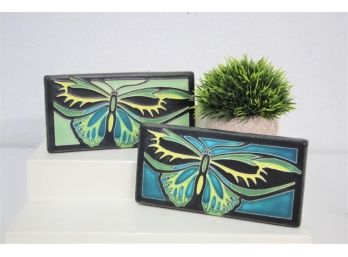Two Blue/Green Butterfly Ceramic Art Tiles, Motawi Tileworks