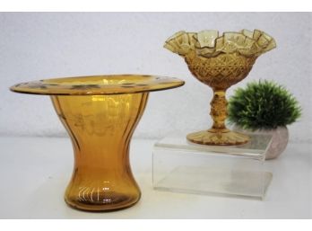 Two Vintage Amber Glass Vases - Pressed Pedestal Vase And Etched Wide Rim Mushroom Vase