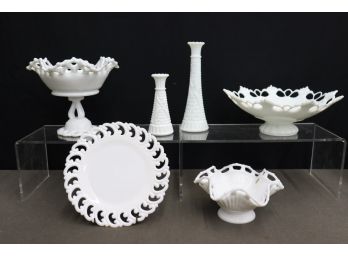 Grouping Of Reticulated Pierced Rim Milk Glass Pedestal Bowls And Two Candlestick Holders