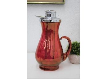 Iridescent Ruby Red Glass And Chrome Pitcher With Ice Chamber Insert