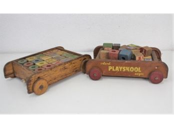 Two Vintage Wooden Play Wagons Full Of  Painted Letter Blocks And Colored Shapes