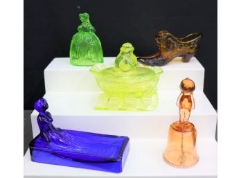Cheery Group Lot Of Colorful Depression Glass Figurines - Uranium Glass, Amber, Cobalt, Etc.